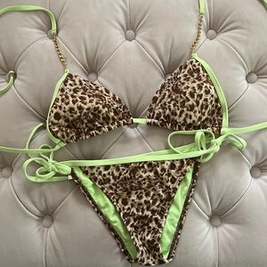 Letarte Lime Green and Leopard Gold Chain Bikini